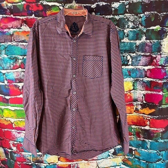 Bugatchi Shaped Fit Long Sleeve Button Down Pink Blue check Print Shirt XL - Picture 1 of 8